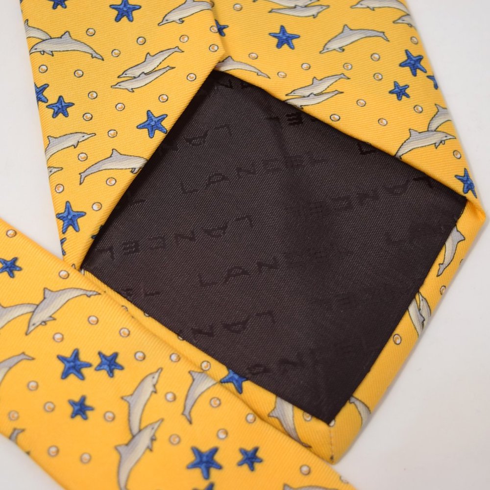 Lancel Paris Necktie Dolphin Starfish Silk Yellow Whimsy Marine Mammal Ocean Fun - Picture 11 of 13